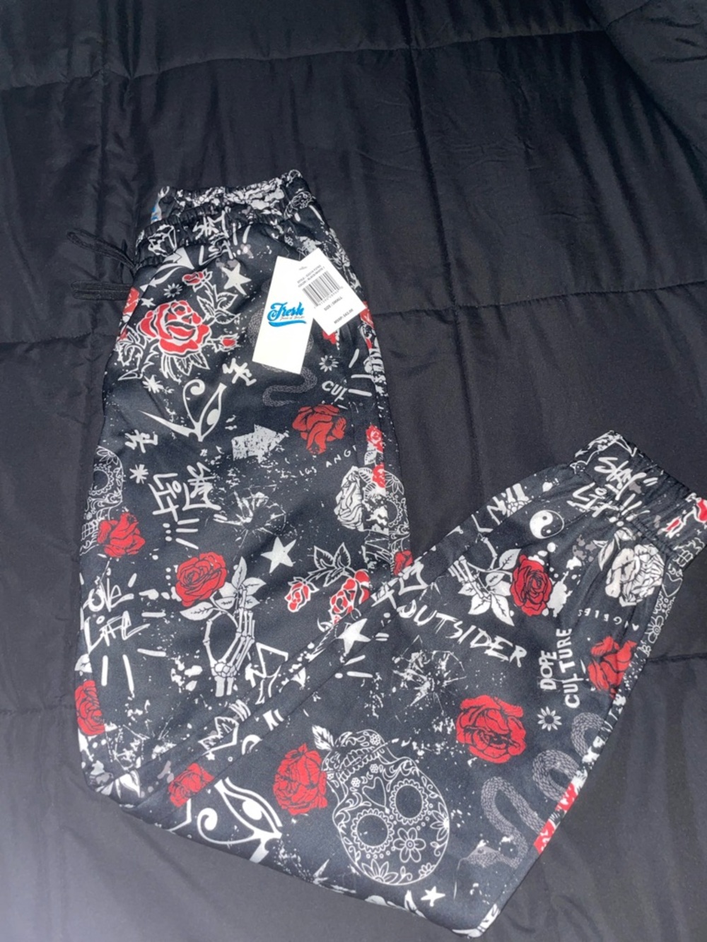 Black Jogger Pants with Red Rose Graphic